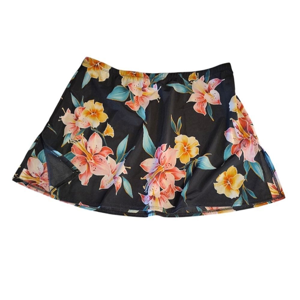 Vtg Magicsuit Black Tropical‎ Floral Mini Swim Cover Up Skirt w/ Slits Large 00s